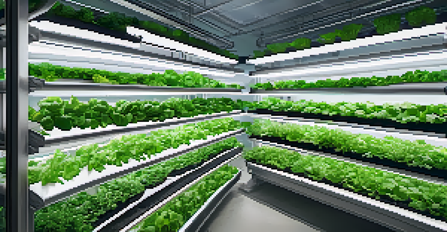 An indoor vertical farm with fresh greens and herbs under LED lights, showing a farmer tending to the plants.