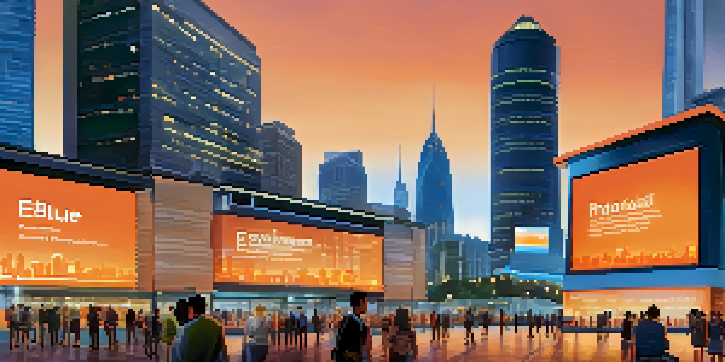 A vibrant city skyline at dusk with illuminated government buildings and people using digital kiosks.