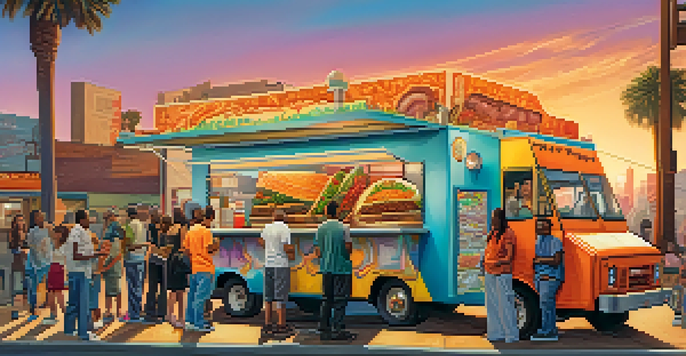 A taco truck in Los Angeles with diverse people enjoying street food, warm sunset lighting, and colorful murals in the background.