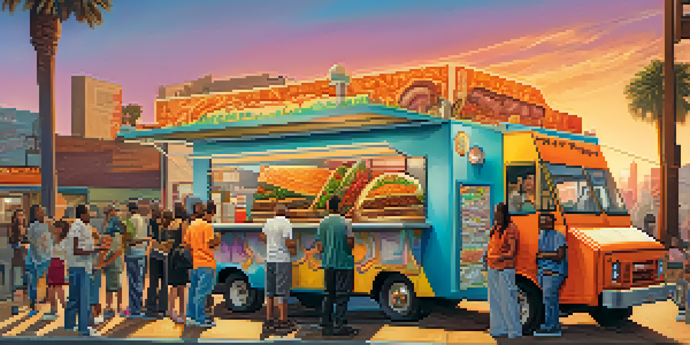 A taco truck in Los Angeles with diverse people enjoying street food, warm sunset lighting, and colorful murals in the background.