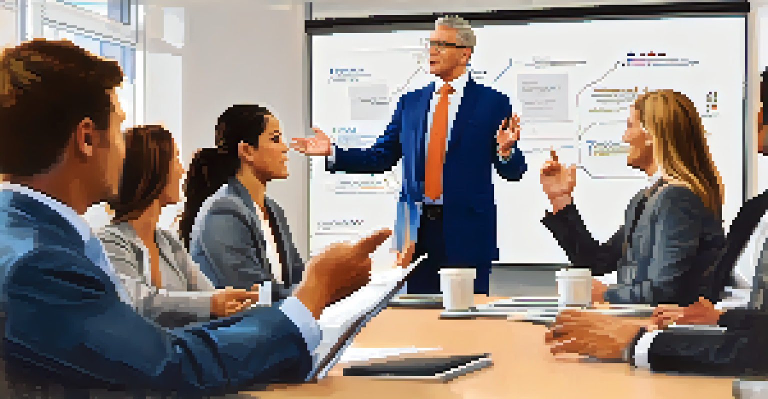 A business leader speaking to employees in a meeting room, showcasing effective communication.
