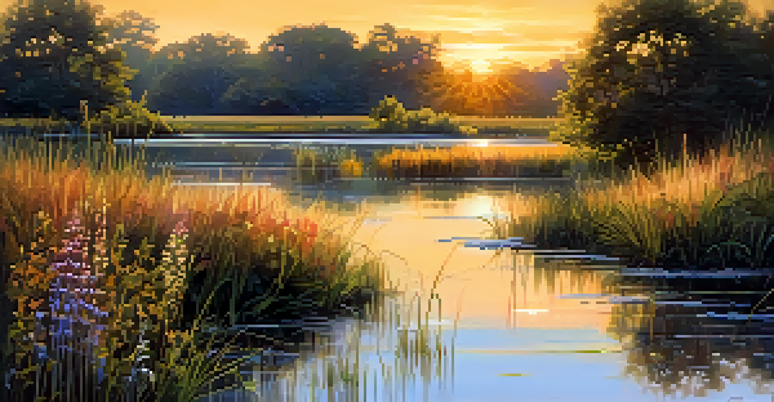 A tranquil wetland during sunset, with reflections in calm waters, surrounded by grasses and flowers, and birds flying in the sky.