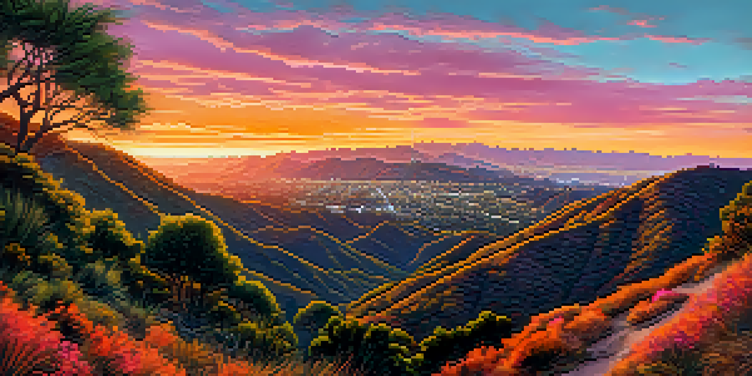 A panoramic view of the Hollywood Sign at sunset, with hikers on a green trail.