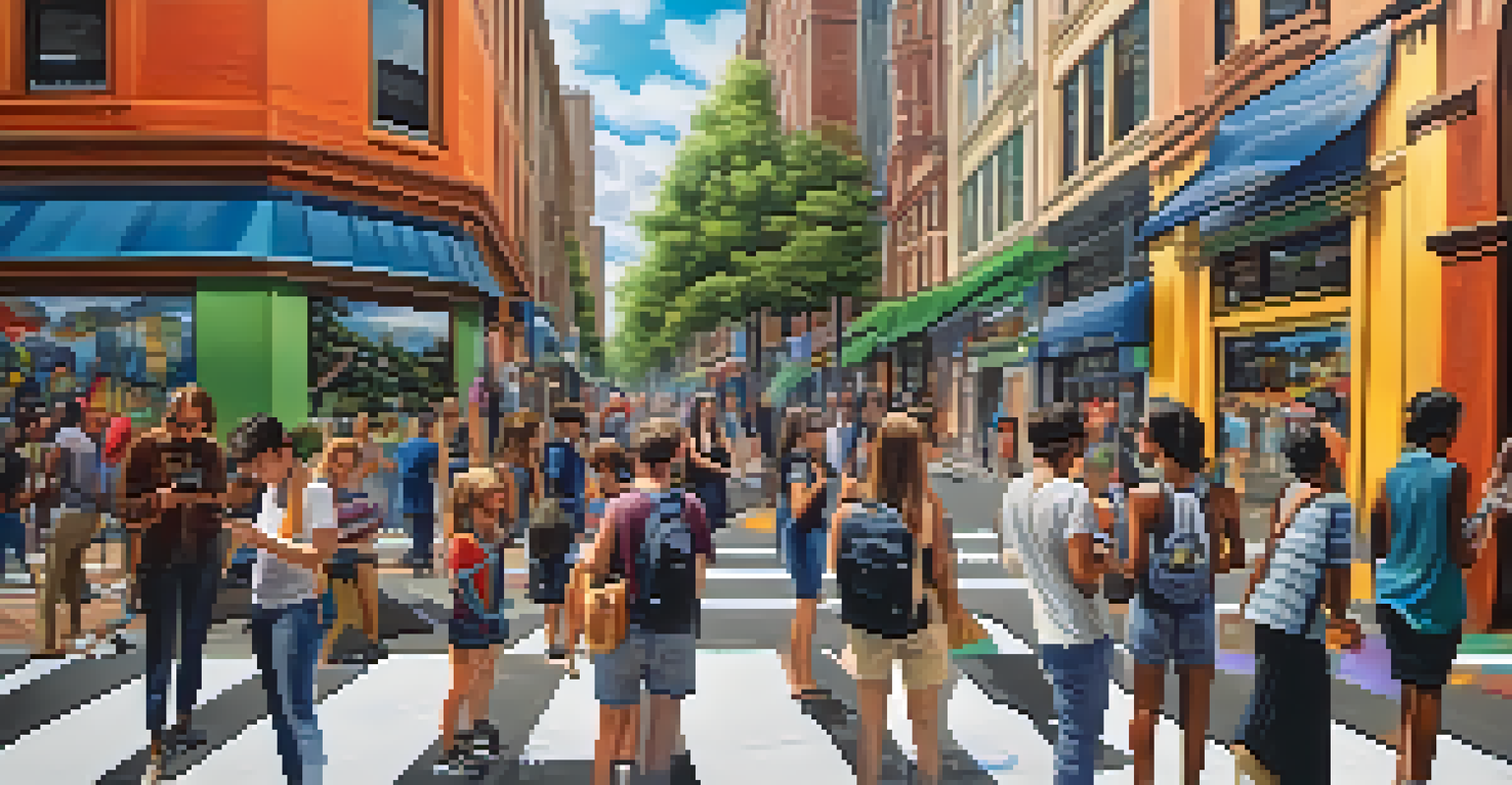 A busy city street with a large mural enhanced by augmented reality, where people use their smartphones to see colorful animations, surrounded by lively urban activity.