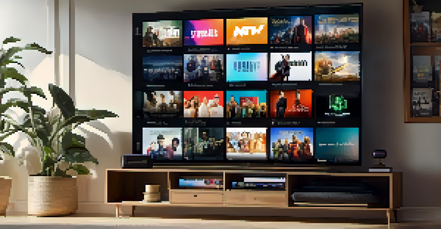 A cozy room with a modern TV displaying various film thumbnails, highlighting the accessibility of films through streaming services.