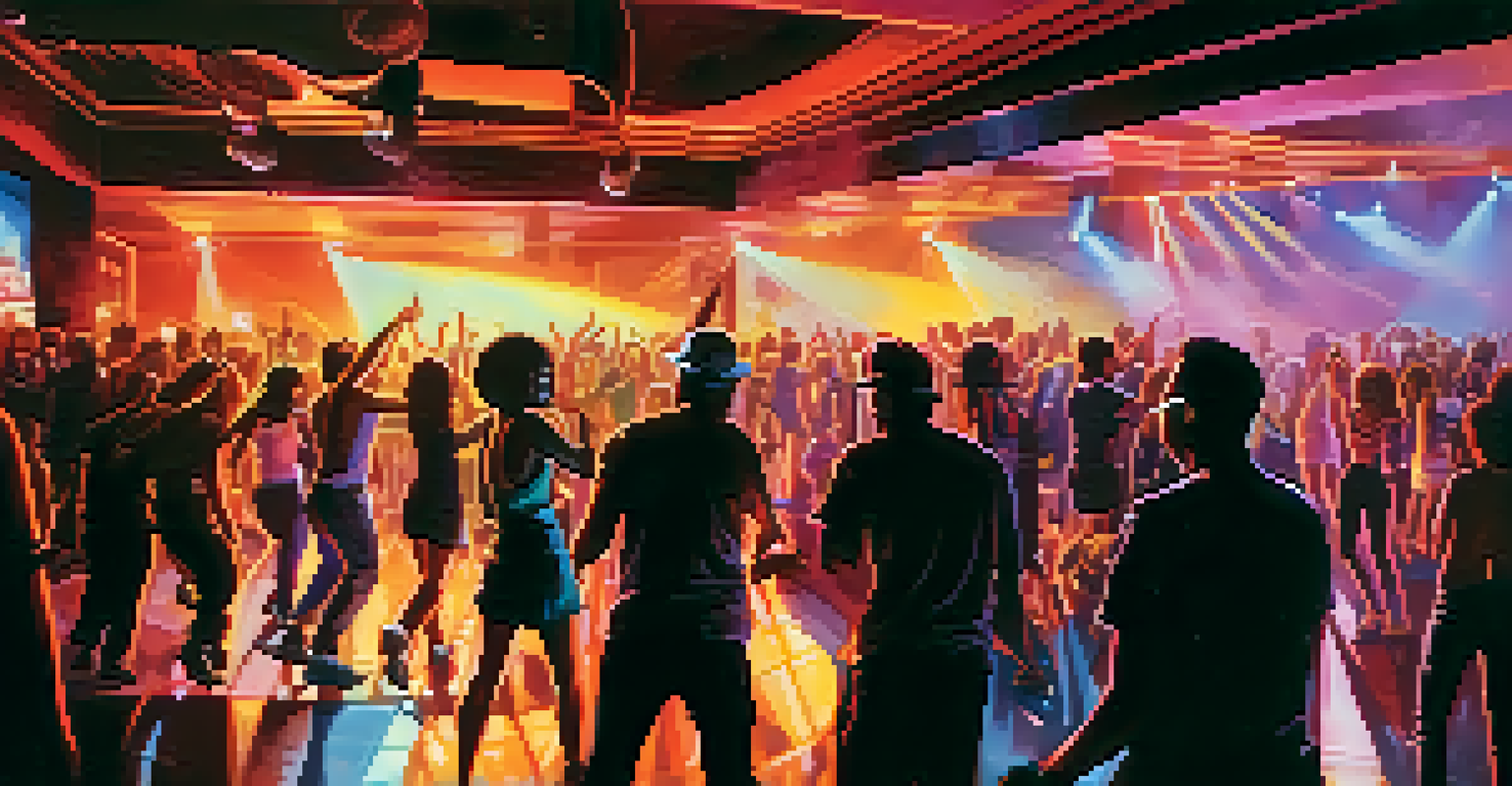 A dynamic nightclub in Downtown LA, featuring dancers and a DJ with colorful lights illuminating the energetic crowd.