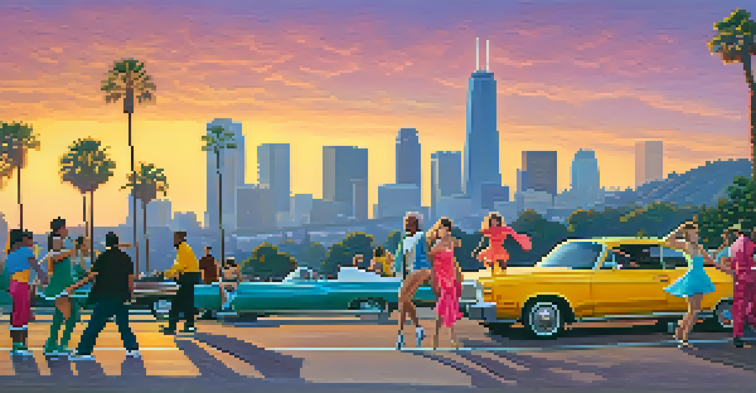 A colorful dance performance at Griffith Park with the Los Angeles skyline in the background during sunset.