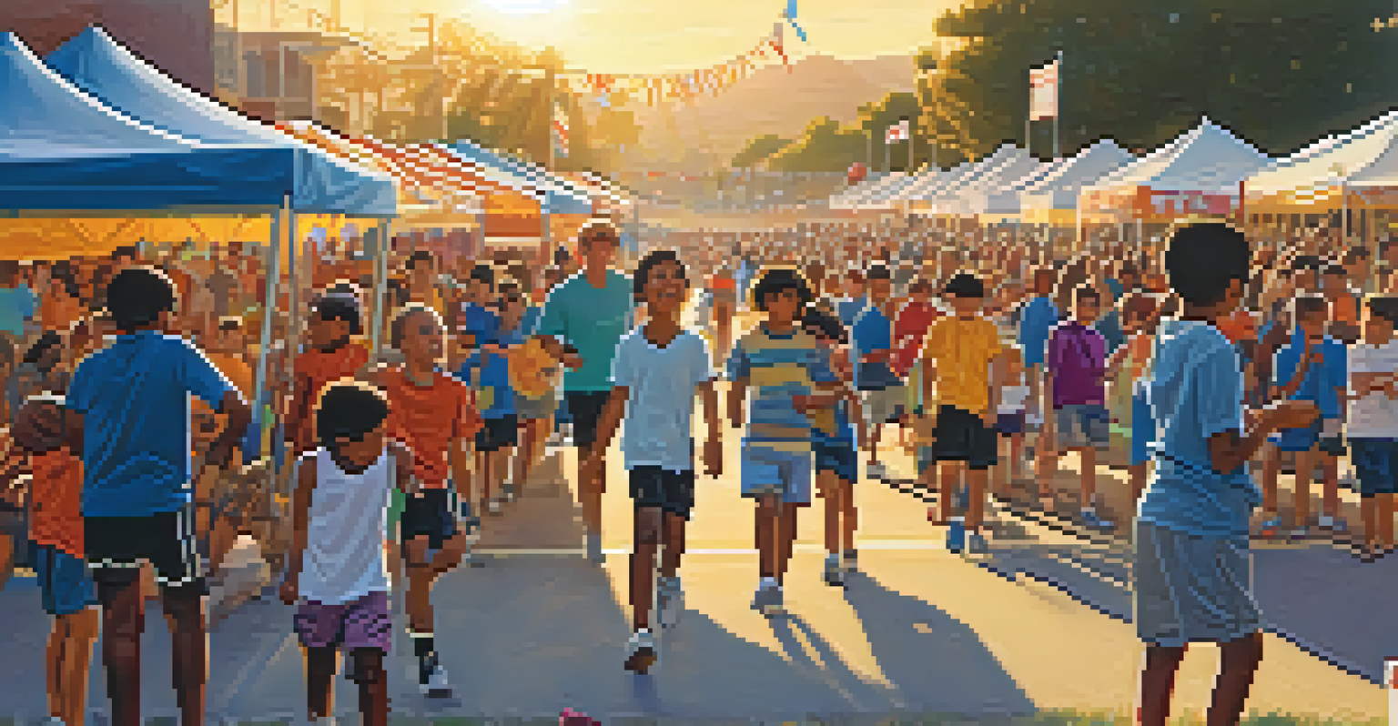 A community sports festival with children engaging in various sports, families gathered, and colorful decorations under a sunset sky.