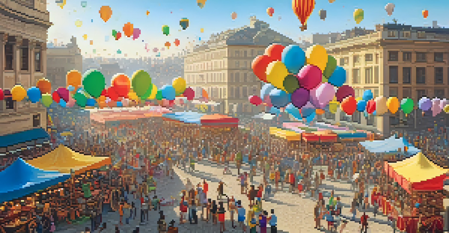 Aerial view of a crowded city square during a festival, showcasing colorful tents, food stalls, and people enjoying the festivities.