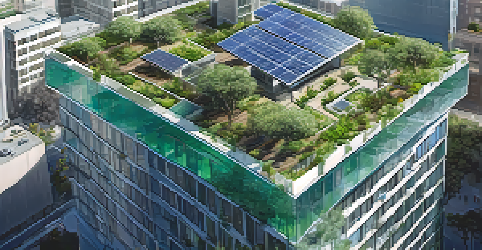 An aerial view of a sustainable skyscraper in Los Angeles with a green roof and solar panels, surrounded by greenery and other buildings under a blue sky.