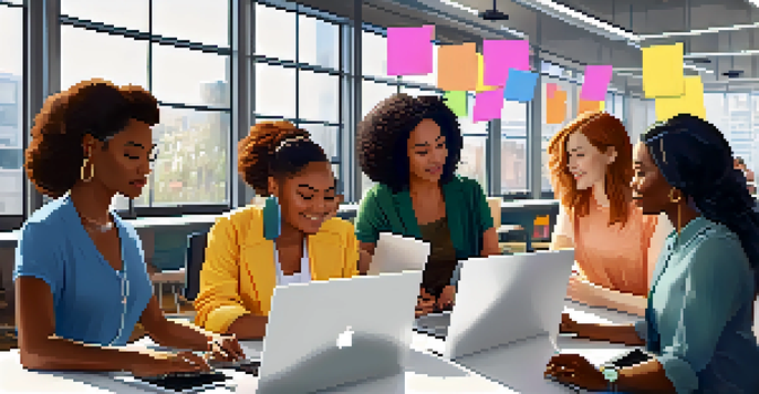 A diverse group of women working together in a modern tech office, discussing ideas and collaborating over digital devices.
