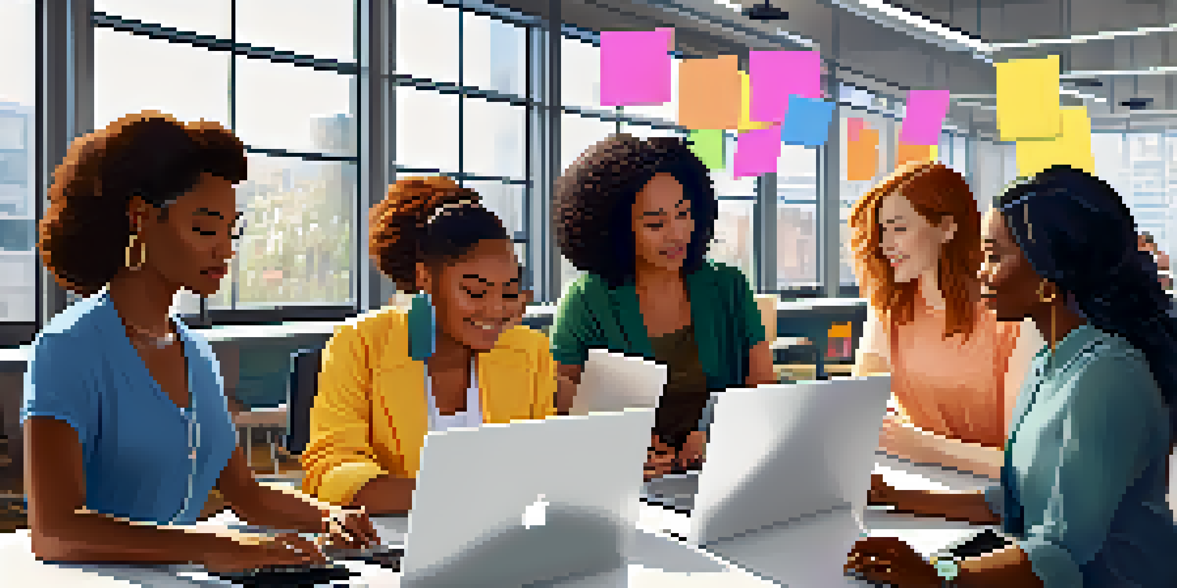 A diverse group of women working together in a modern tech office, discussing ideas and collaborating over digital devices.