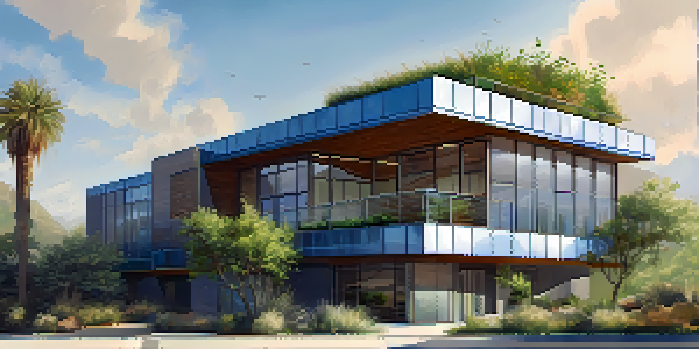 A modern building in Los Angeles with solar panels, large windows, and drought-resistant landscaping under a clear blue sky.