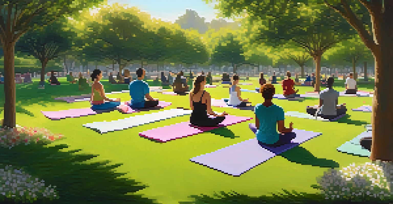 A peaceful meditation scene in a park in Los Angeles, with diverse individuals practicing mindfulness on yoga mats surrounded by greenery and flowers.