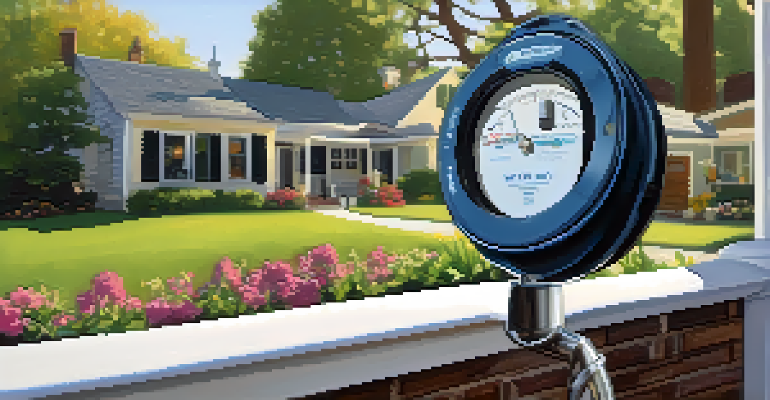 A detailed close-up of a smart water meter in a garden setting, with digital displays and a cozy home in the background.