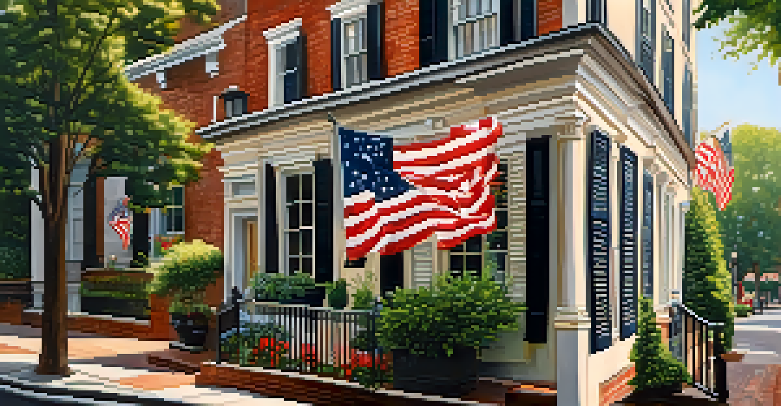 The Betsy Ross House in Philadelphia's Old City, highlighted by American flags and surrounded by greenery in soft morning light.