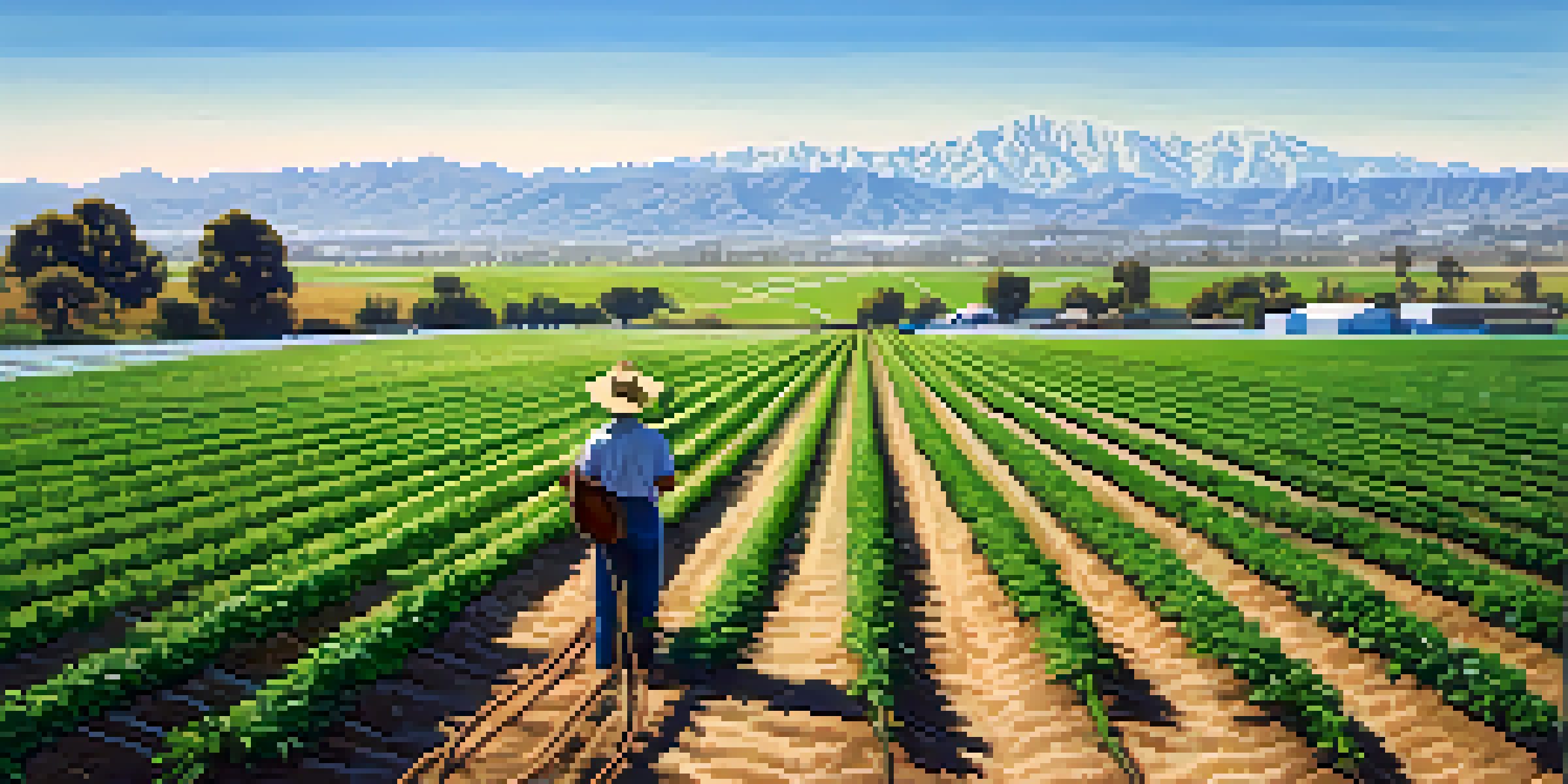 A panoramic view of a farm in Los Angeles with green crops and a farmer using a drip irrigation system under a bright blue sky.
