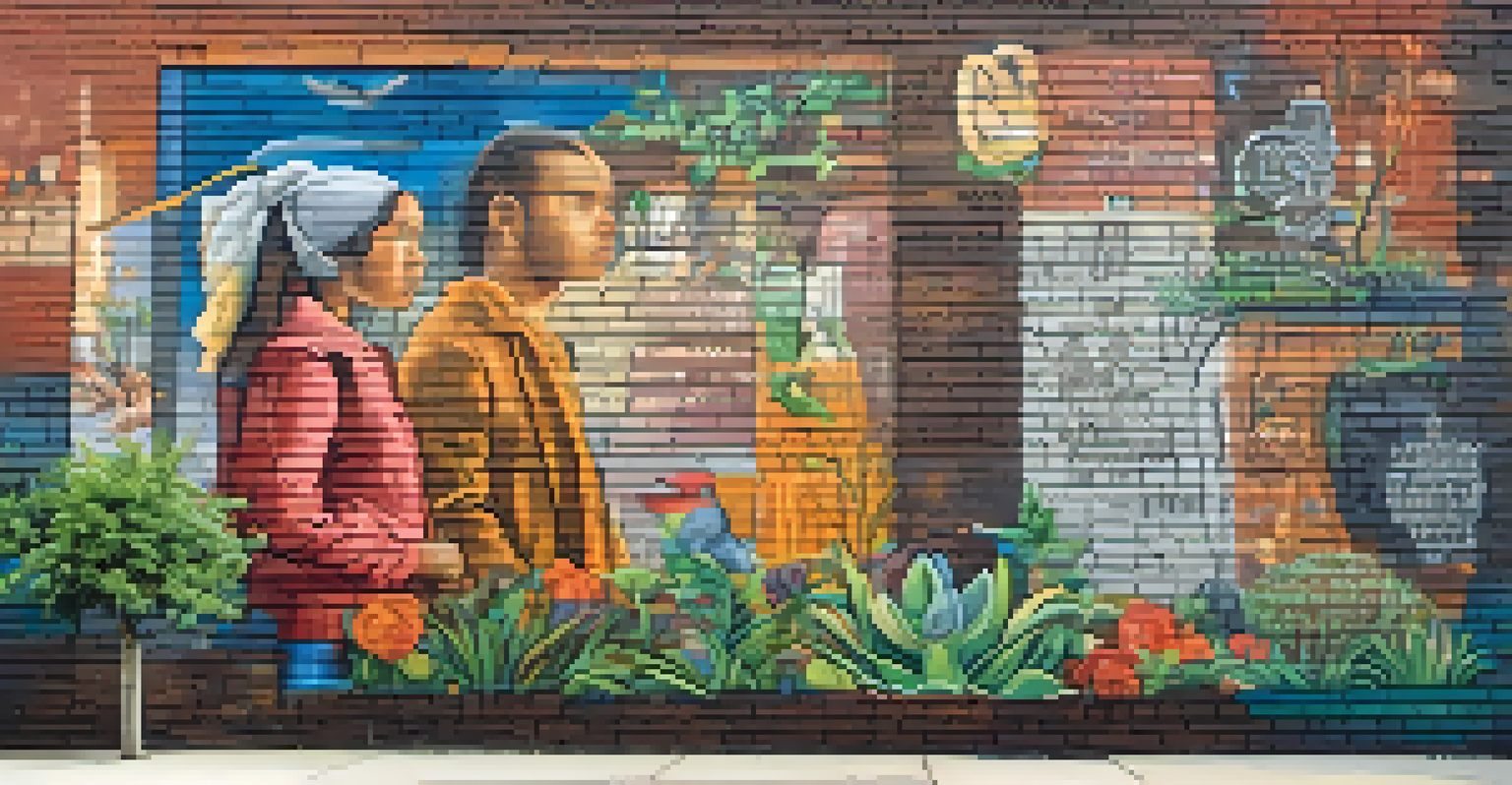 A detailed close-up of a mural depicting social justice themes, with vibrant colors and intricate designs on a brick wall.