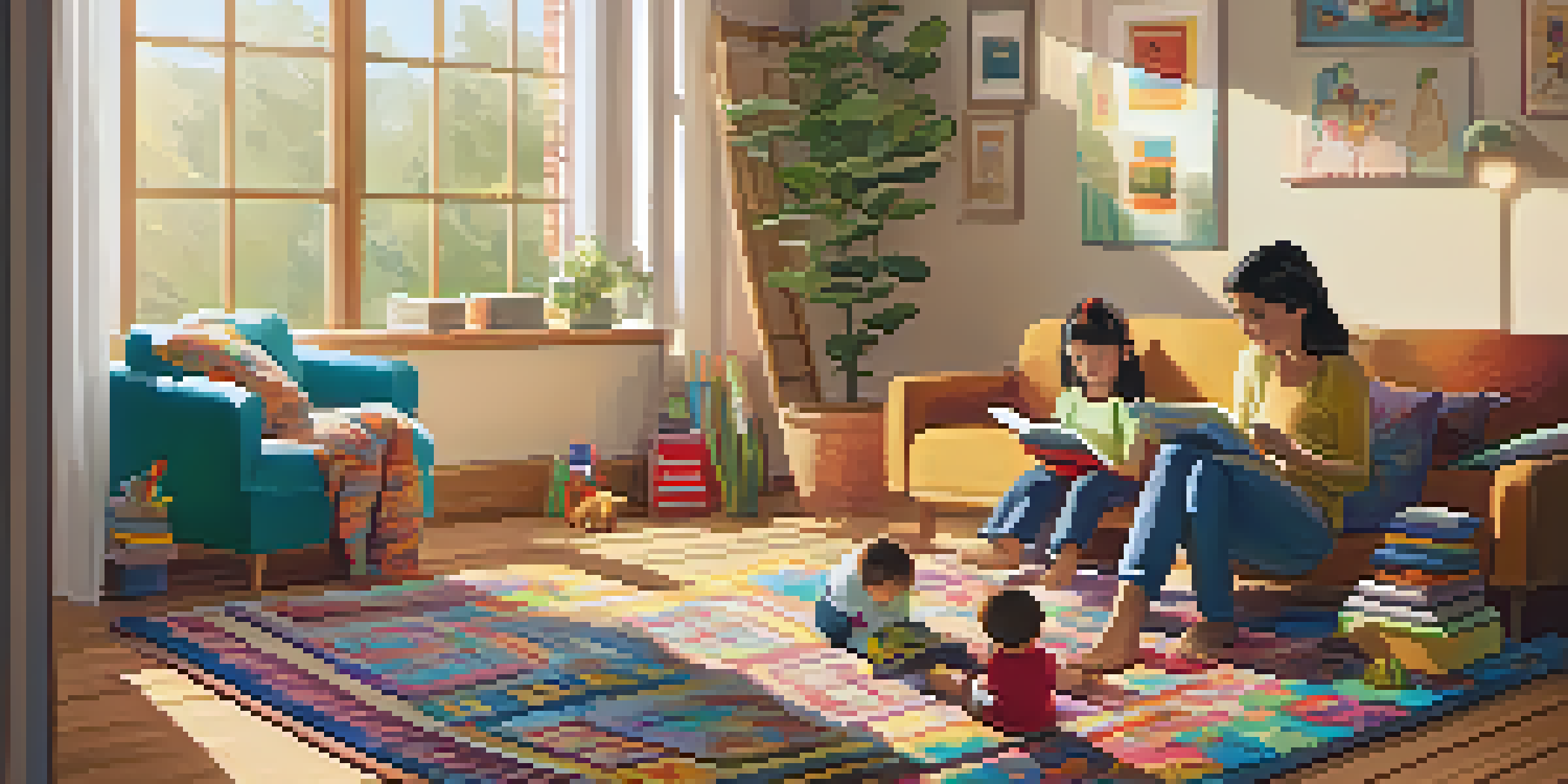 A caregiver reading a storybook to two children in a sunlit living room with toys and family photos.
