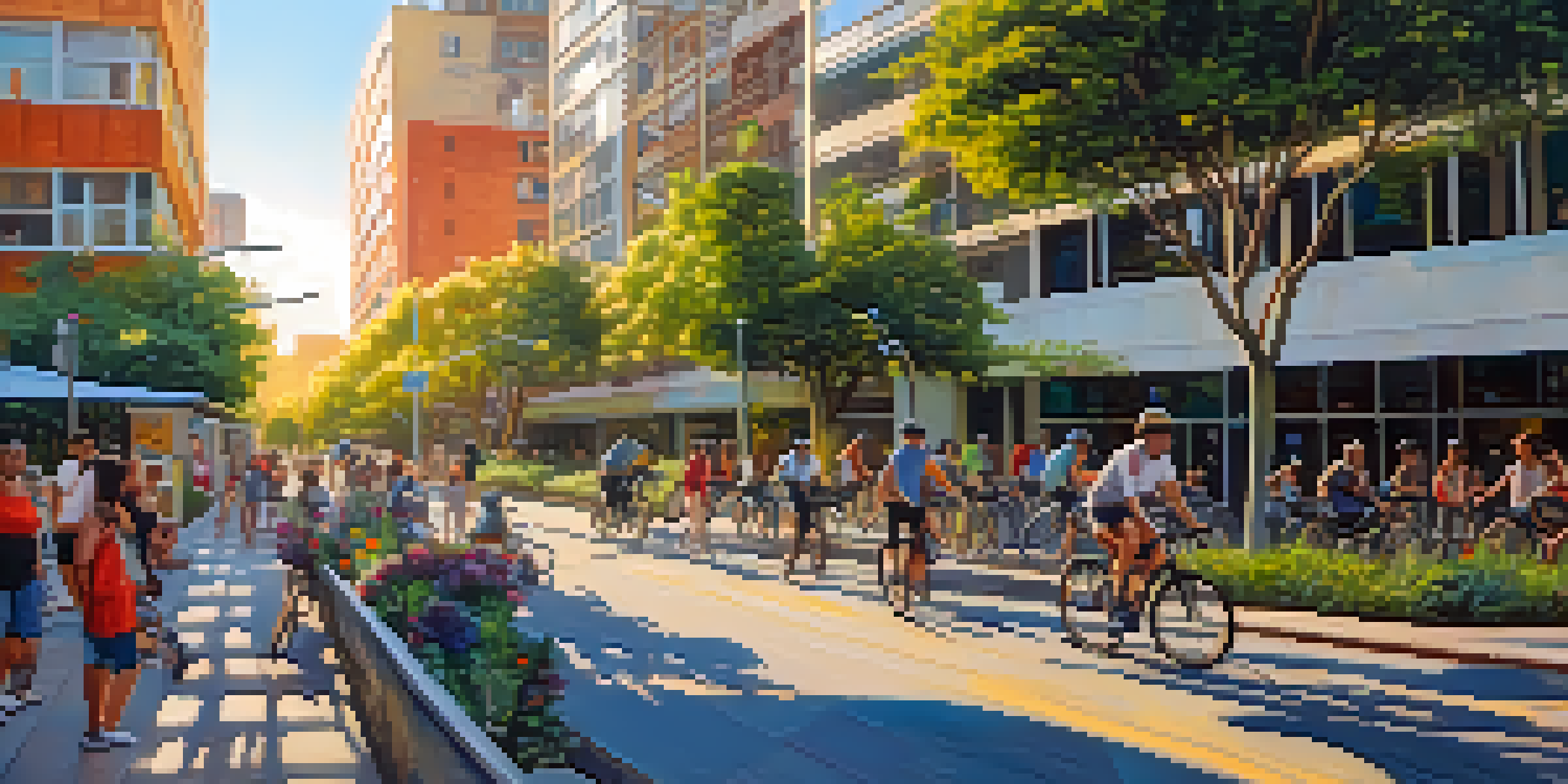A lively urban scene with cyclists in a colorful bike lane, pedestrians walking, and modern buildings in the background under a warm sunlight.