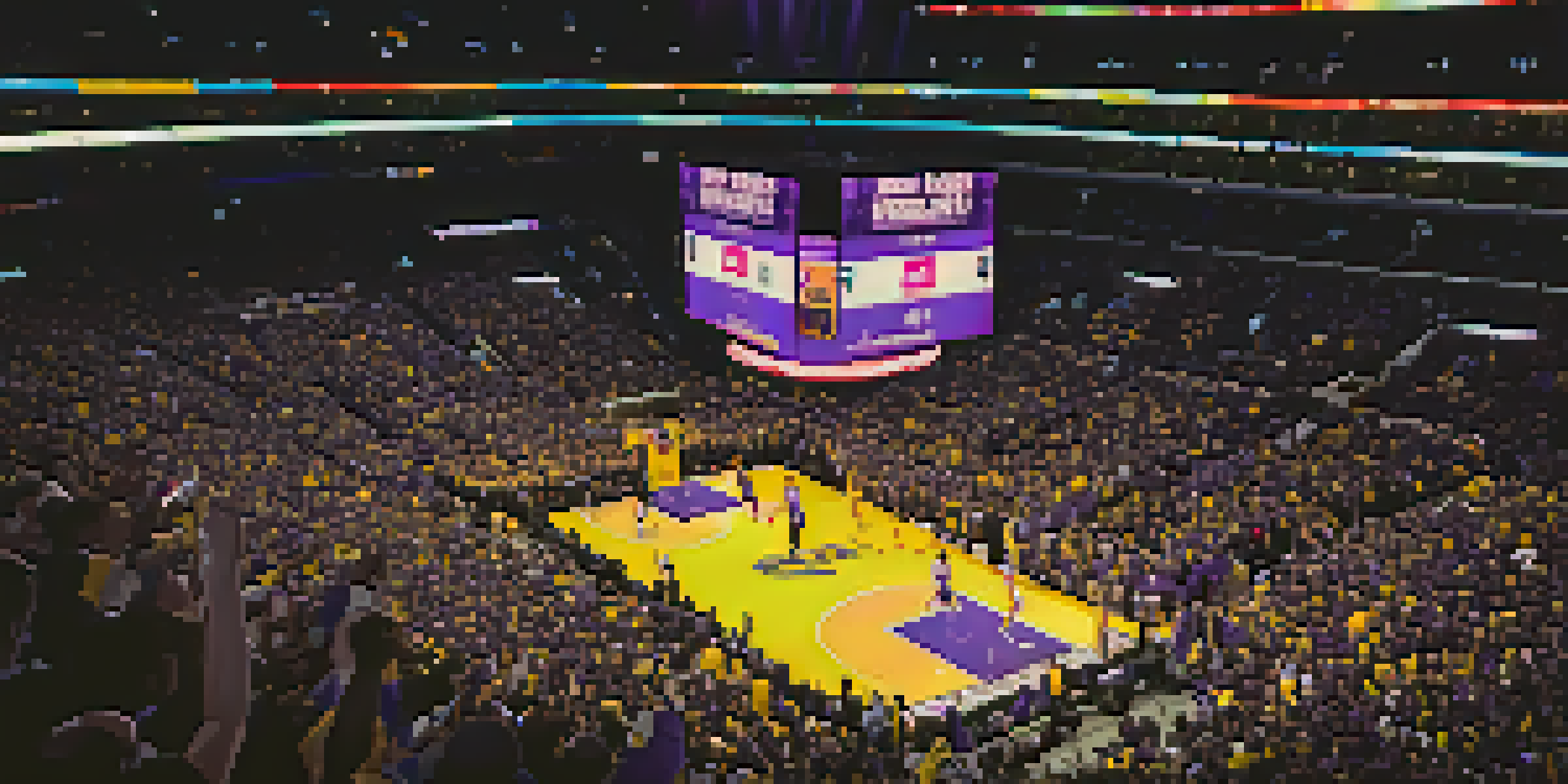 The Staples Center filled with fans celebrating Kobe Bryant's last game, with bright lights illuminating the court and Kobe shooting the basketball.