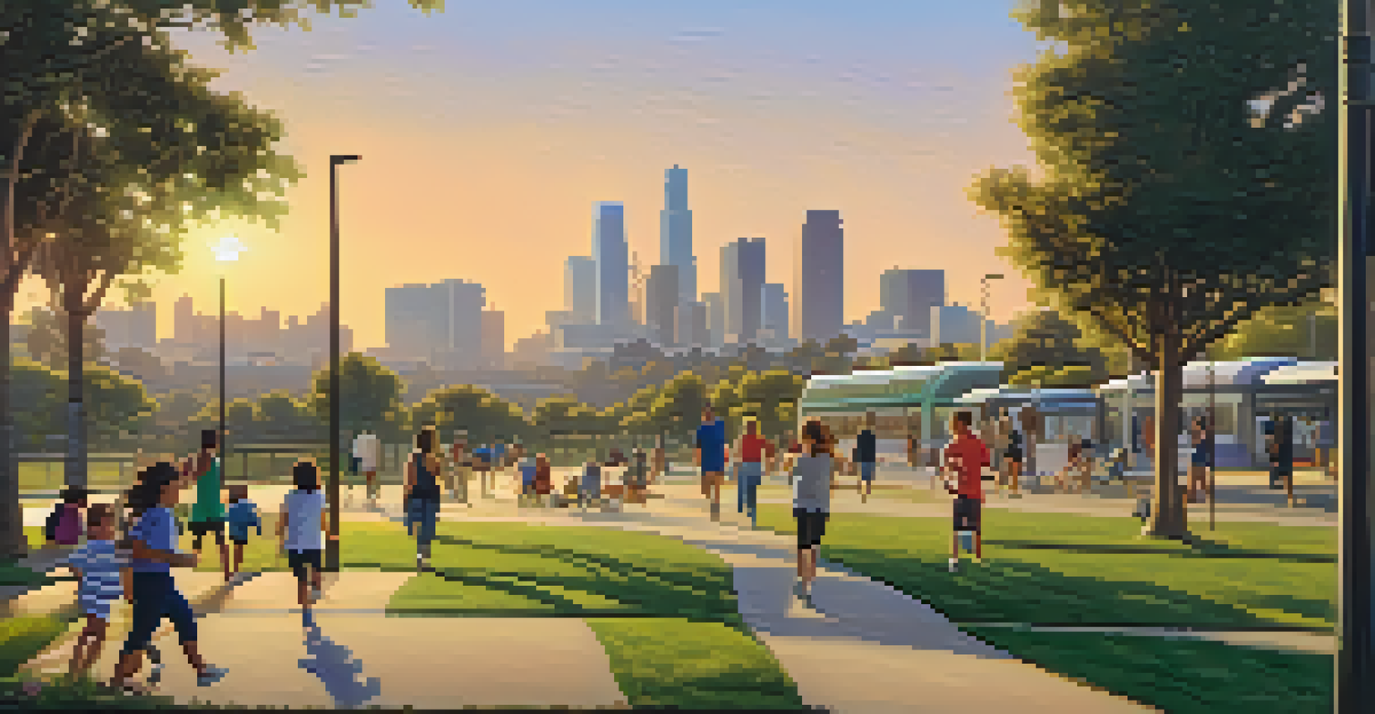 A peaceful park in Los Angeles with families and joggers, with a light rail station and city skyline in the background.