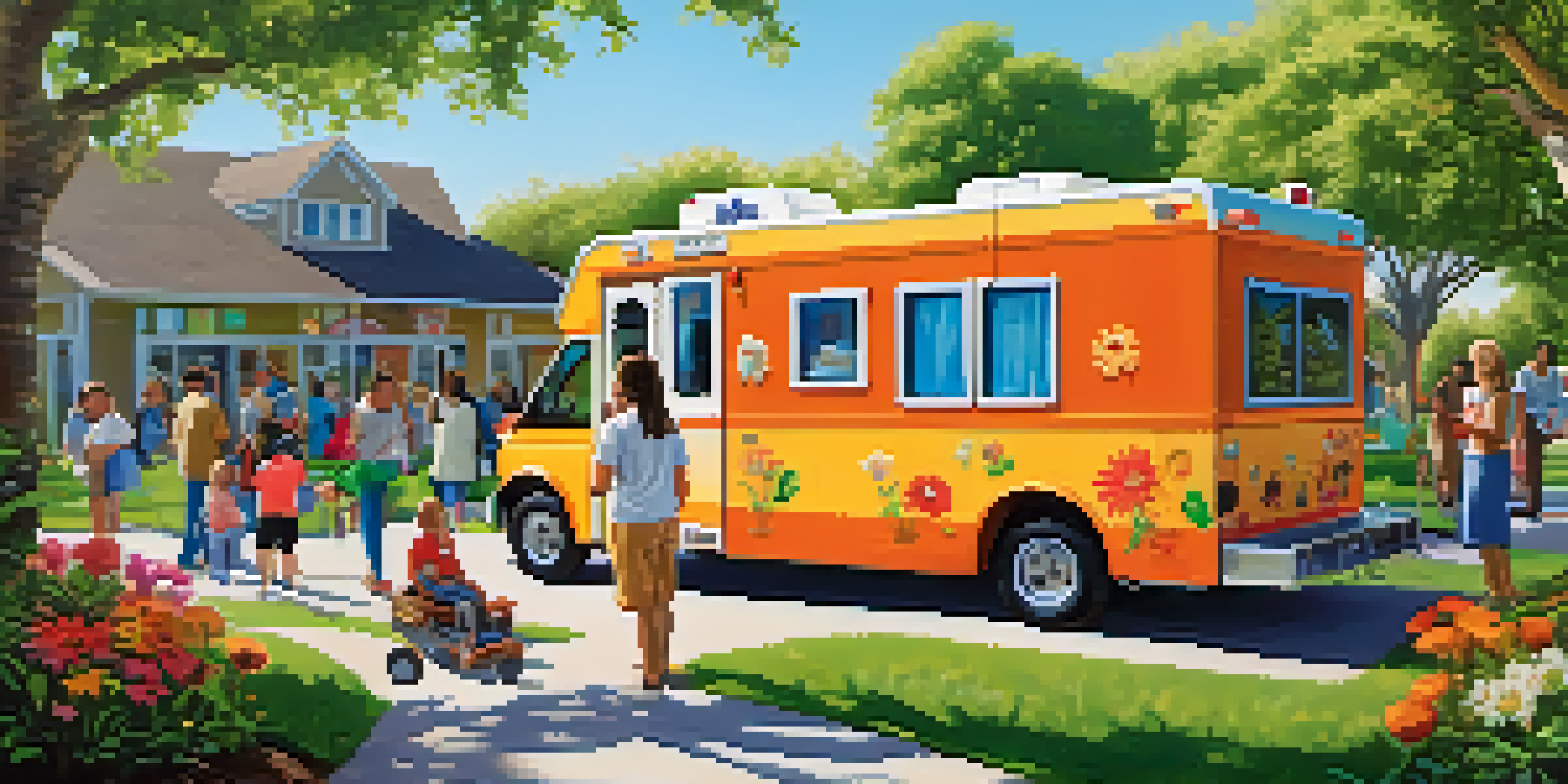 A colorful mobile health clinic parked in a community park, with families and healthcare professionals interacting in a sunny environment.
