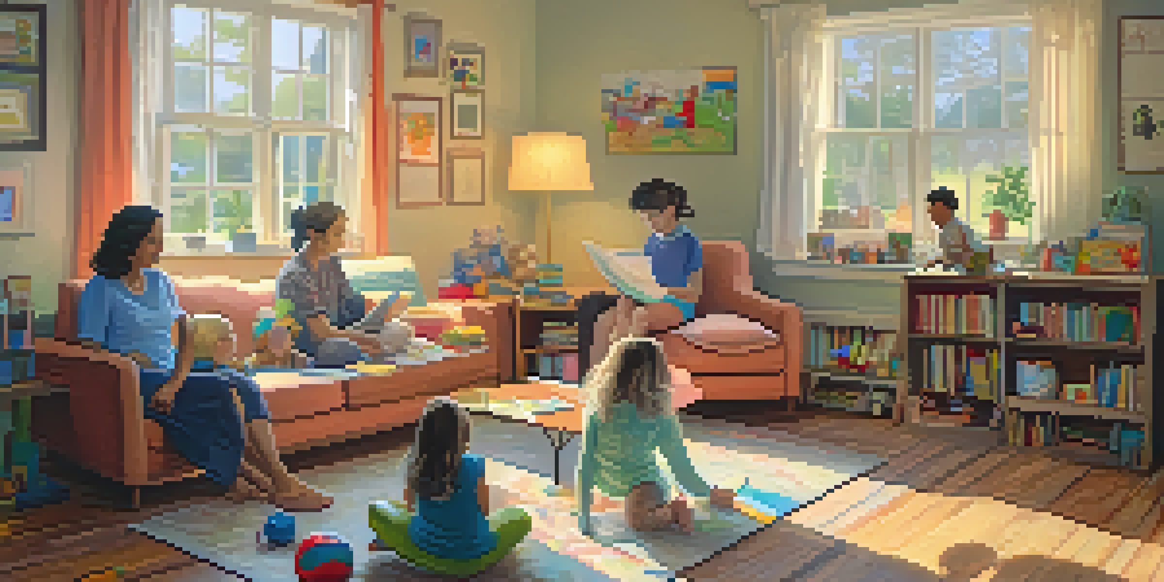 A mother in a cozy living room, reviewing paperwork related to childcare assistance, with children's drawings on the walls and toys on the floor.