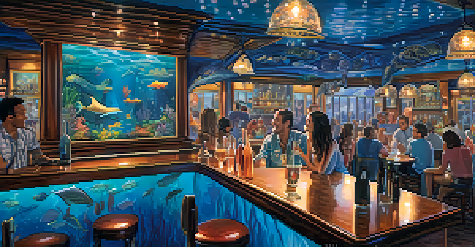 A whimsical underwater-themed bar with blue lights, mermaid murals, and patrons enjoying colorful cocktails.