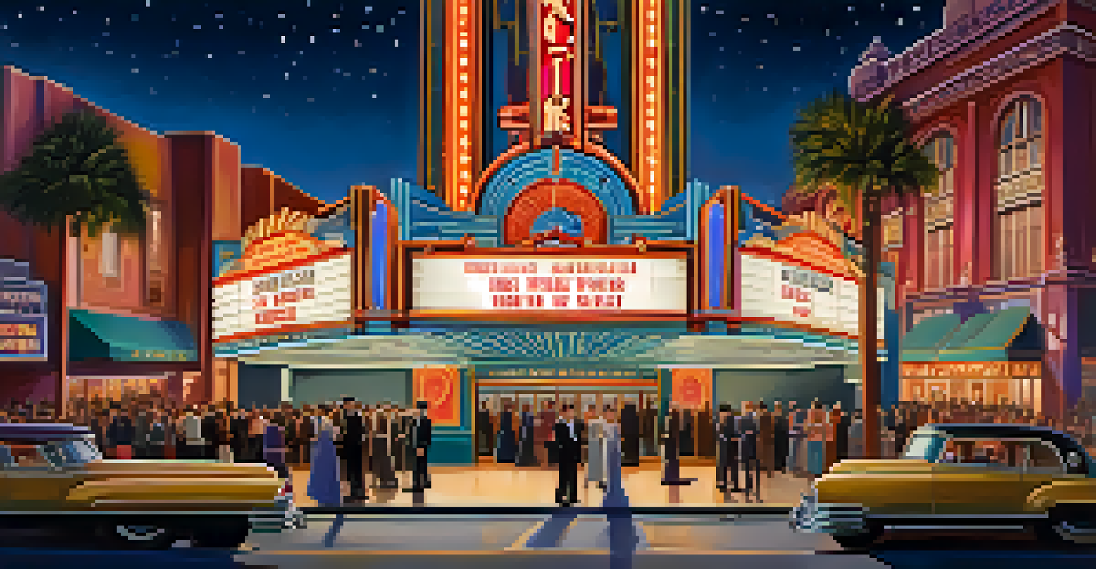 A glamorous 1920s Hollywood movie theater with neon lights and a crowd of elegantly dressed people.