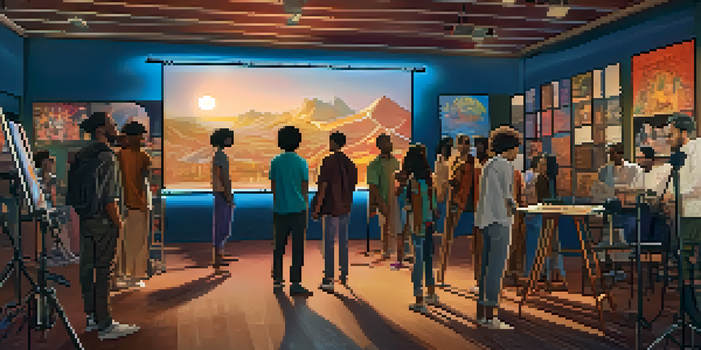 A diverse group of filmmakers working together in a film studio, surrounded by colorful movie posters.