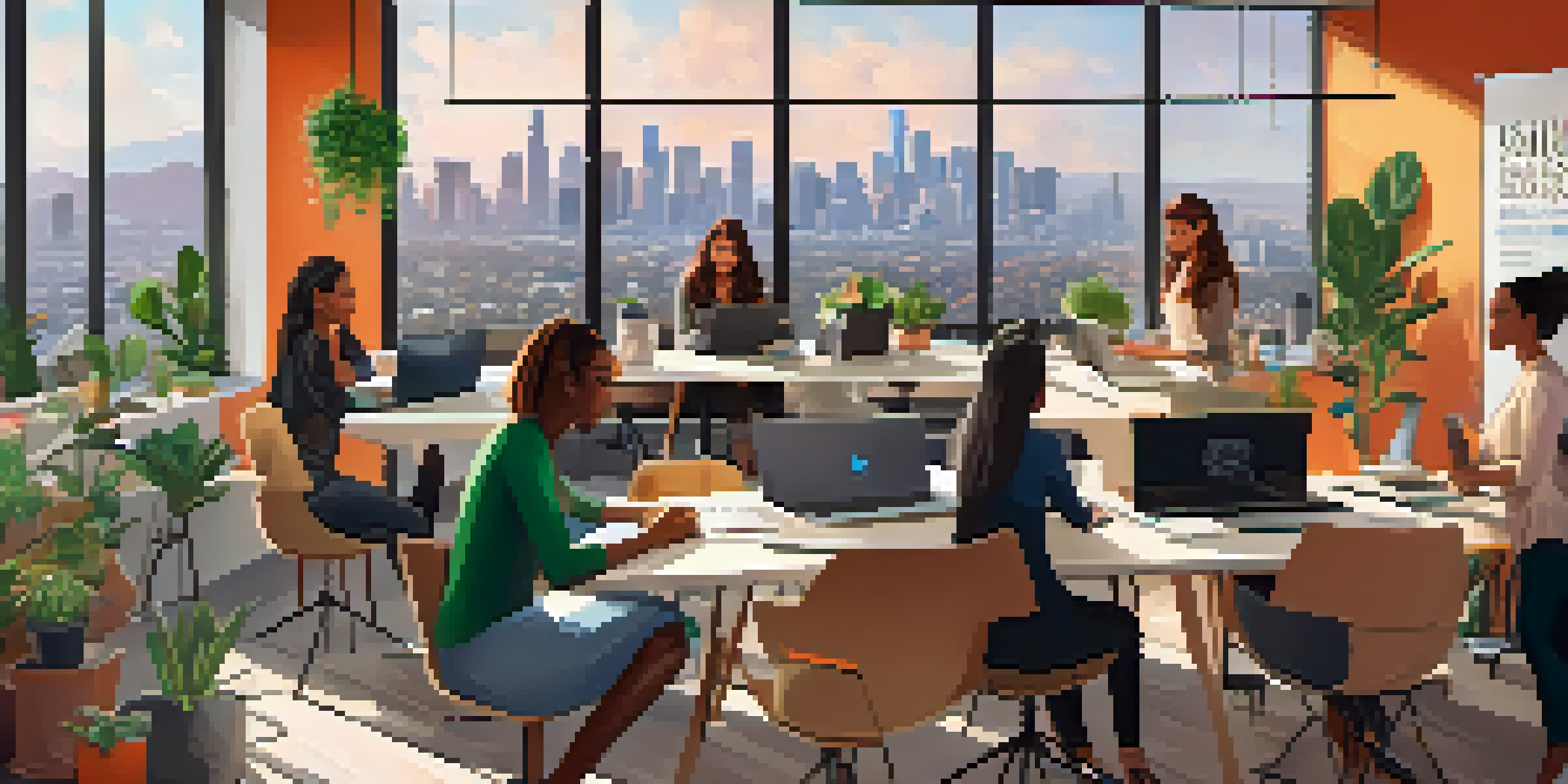 A diverse group of women entrepreneurs collaborating in a bright workspace with laptops and notebooks, with the Los Angeles skyline visible through large windows.