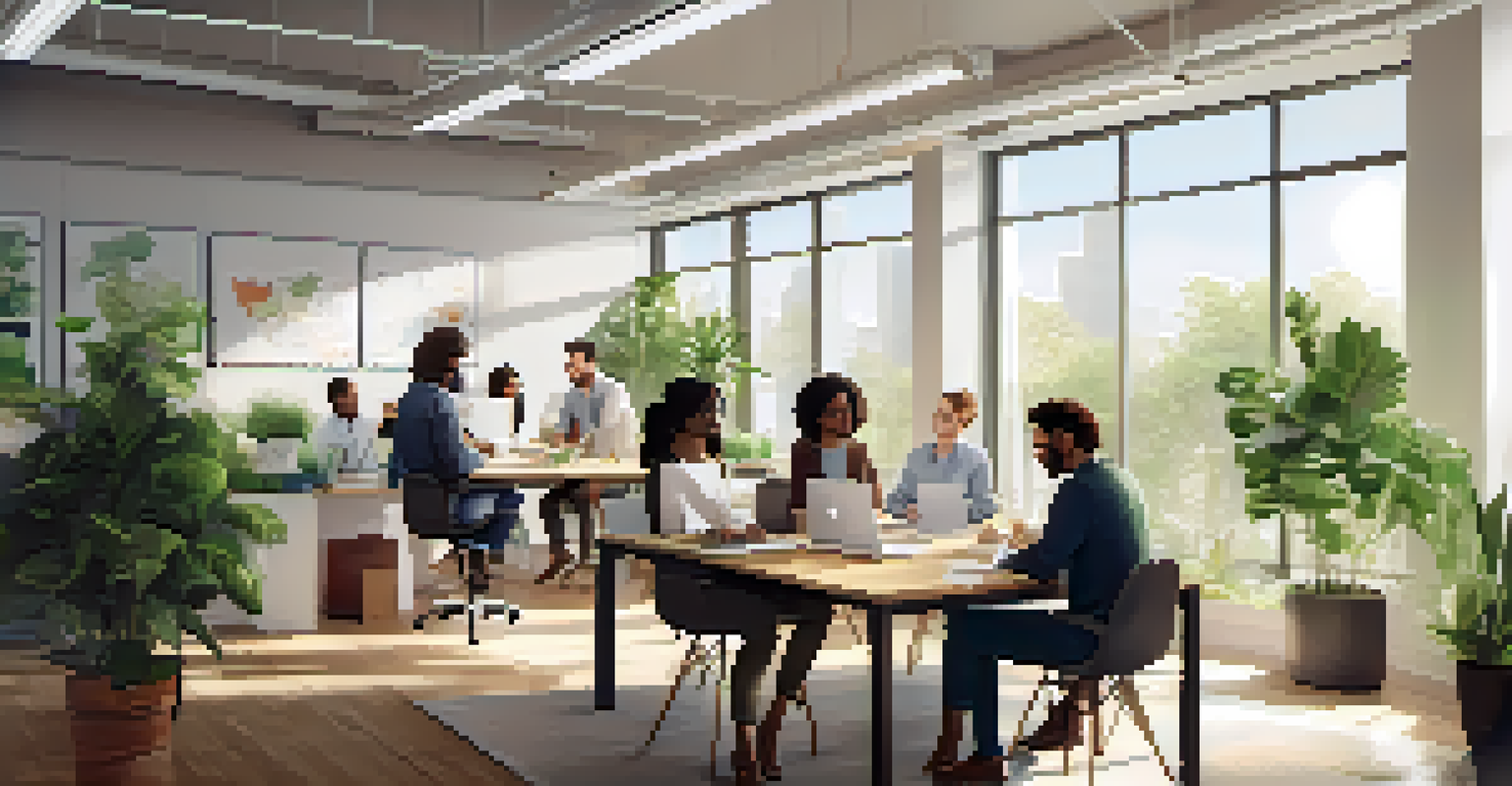 Diverse professionals working together in a modern office, discussing projects in a bright and open space.