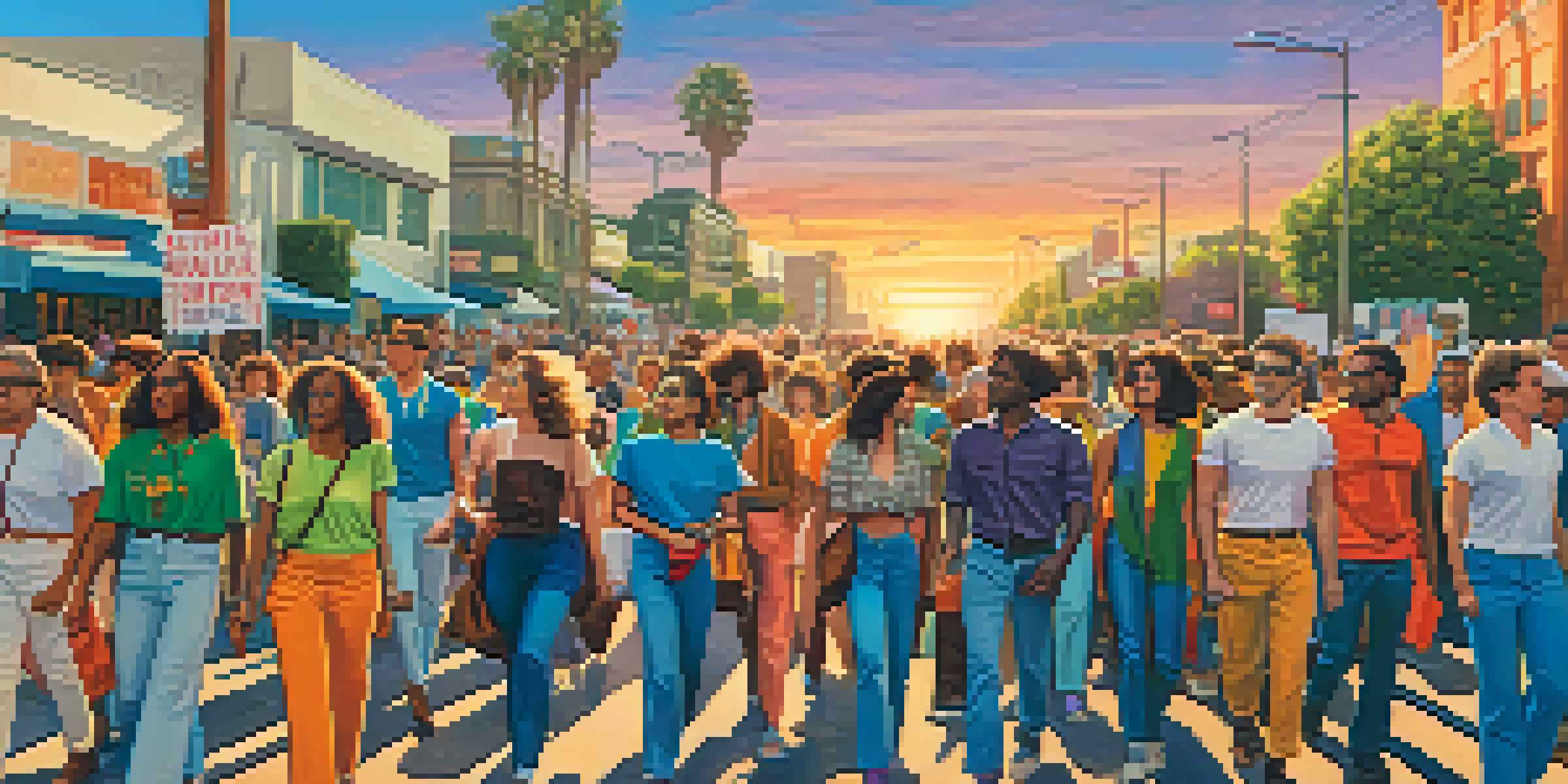 A diverse group of LGBTQ+ activists marching in Los Angeles during the 1980s, with colorful banners and warm sunset lighting.