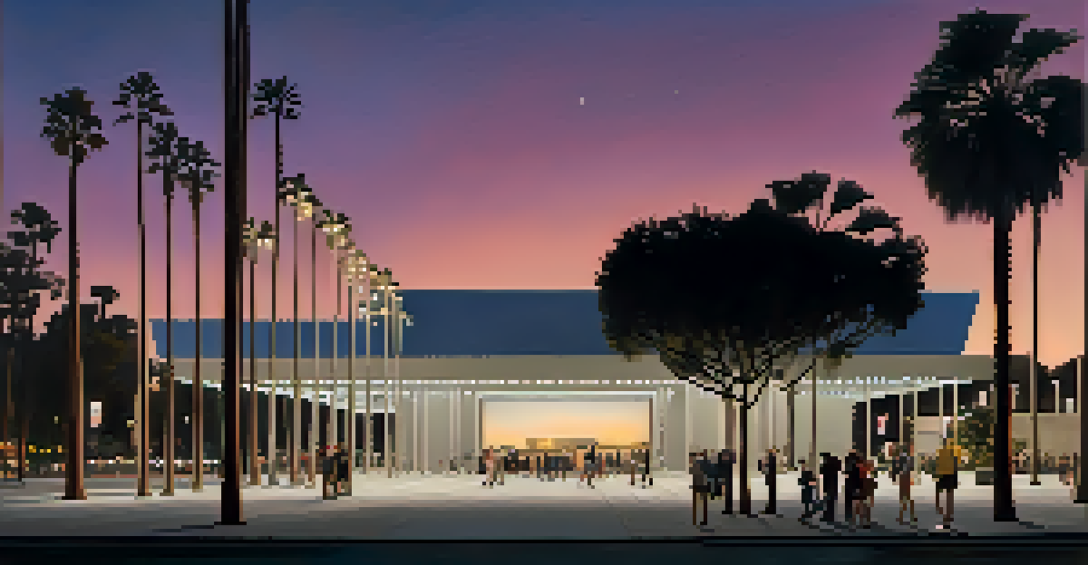 The Urban Light installation at LACMA, illuminated at twilight with visitors enjoying the scene.
