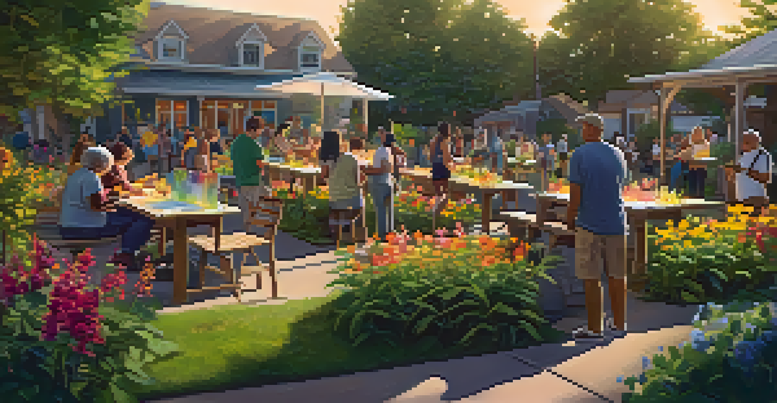 A community garden art workshop with people of all ages painting on canvases, surrounded by vibrant flowers and greenery in warm golden hour light.