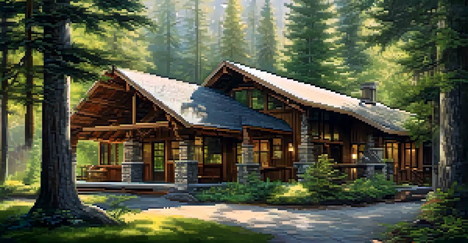 The Old Trapper's Lodge set amidst greenery, highlighting its unique architecture and inviting entrance.
