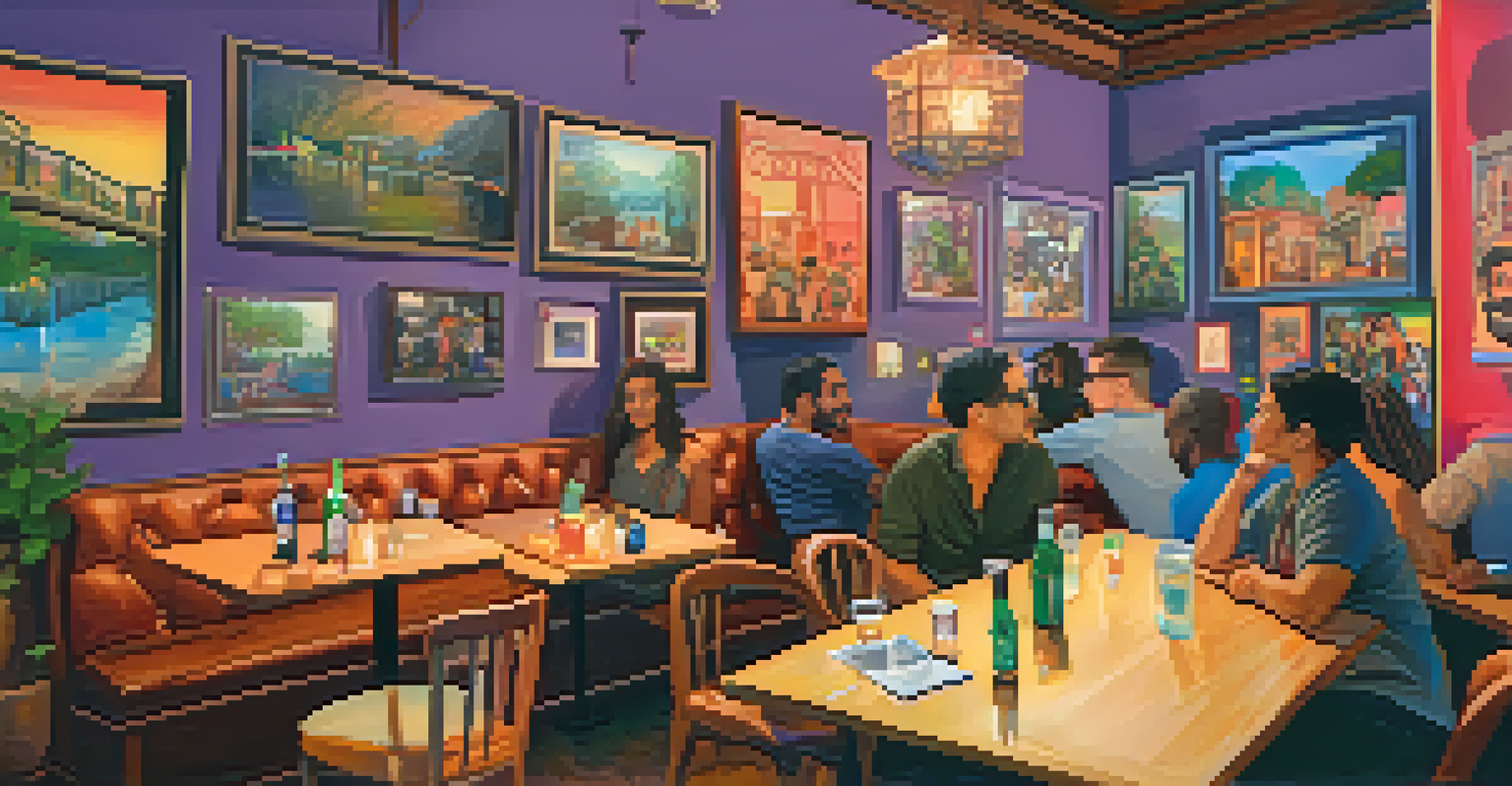 A cozy corner of an LGBTQ+ bar with an art exhibition, featuring colorful artwork and patrons enjoying the space.