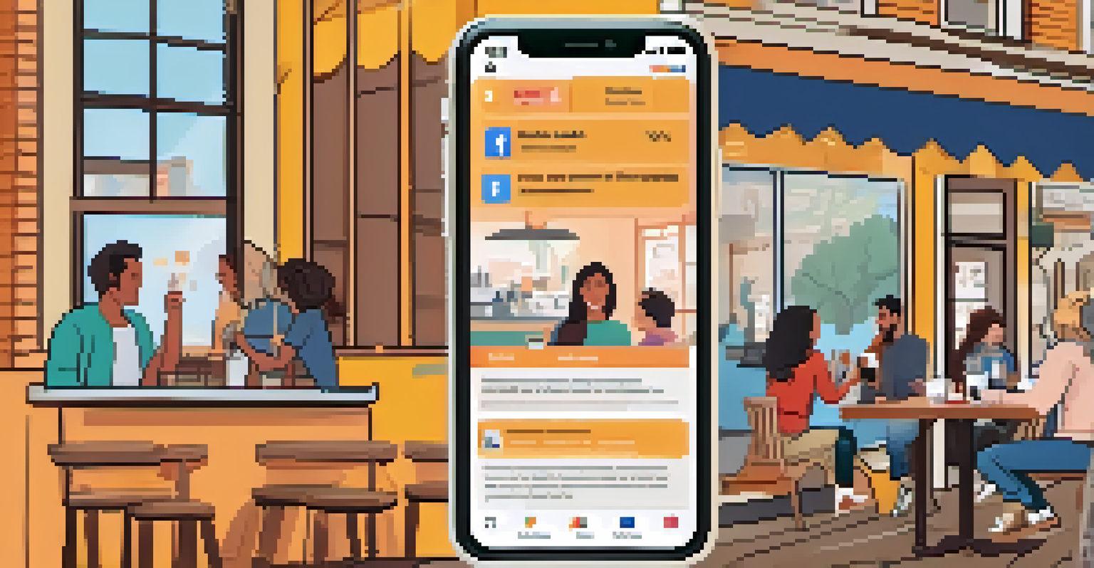 A smartphone displaying a social media feed filled with mental health awareness posts, set against a cozy coffee shop environment.