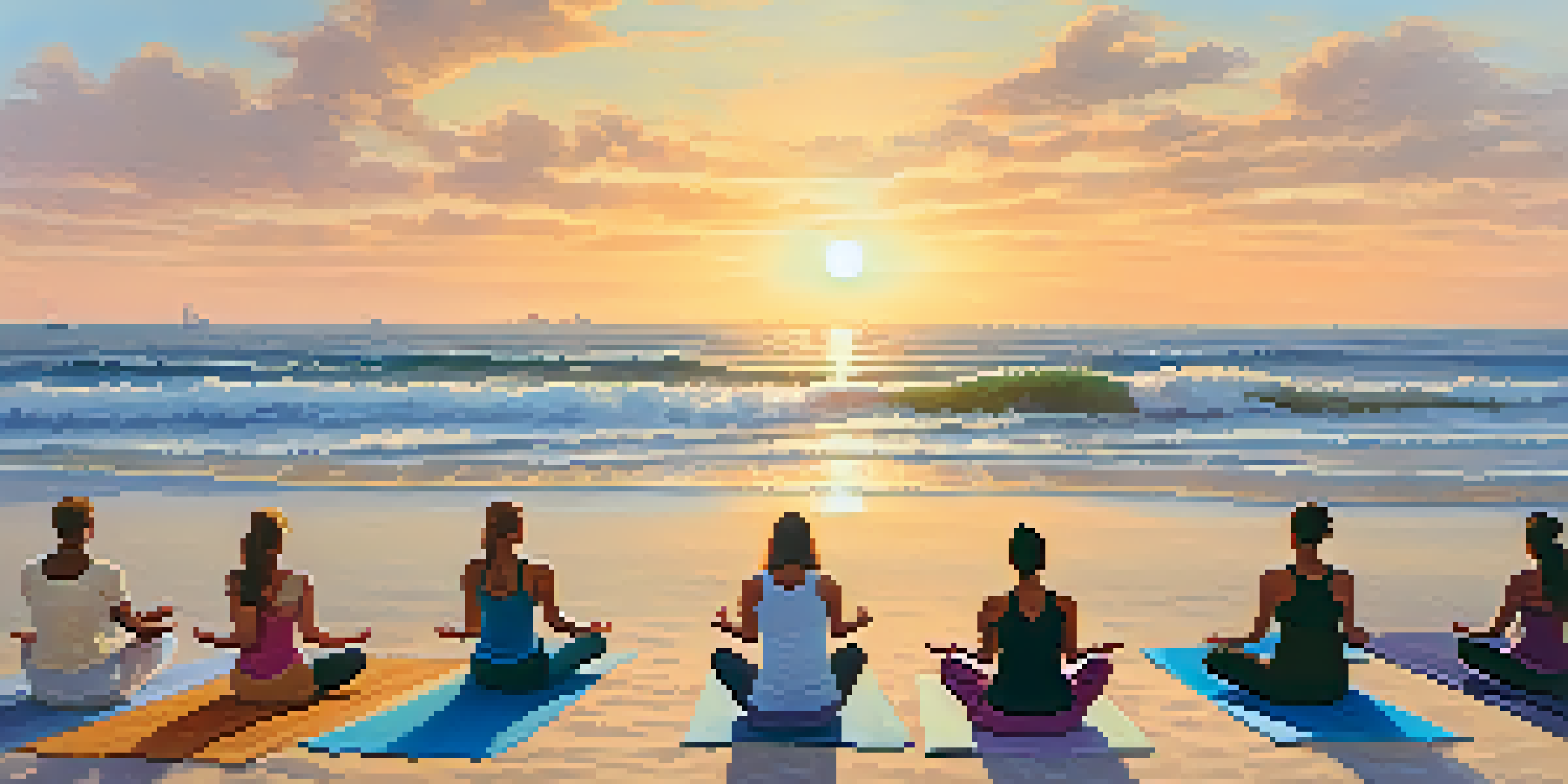 A serene beach yoga session at sunrise with participants practicing yoga on golden sand, surrounded by palm trees and gentle ocean waves.