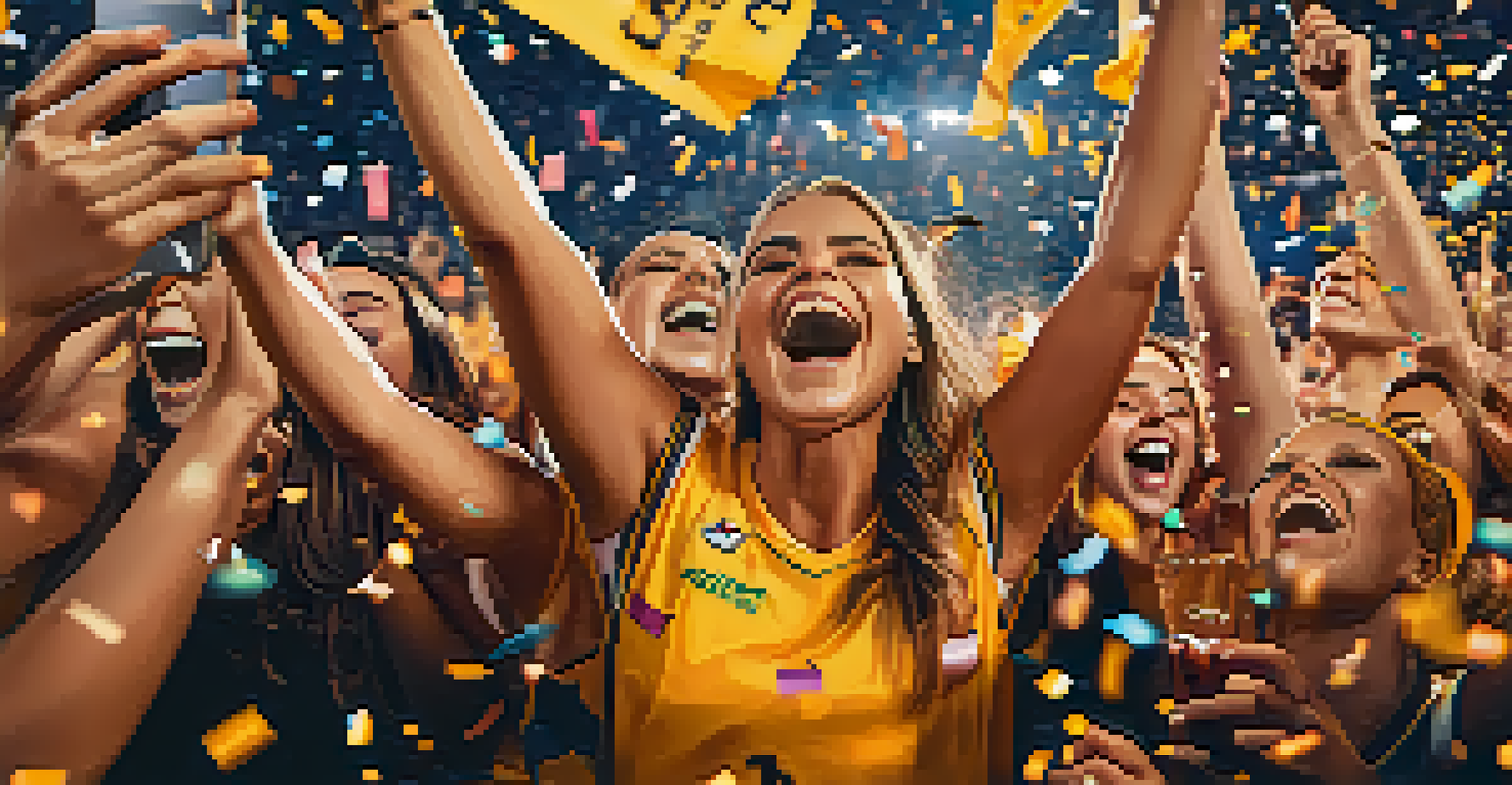 Excited female sports fans celebrating a game victory, with confetti and a smartphone showing live updates in the background.