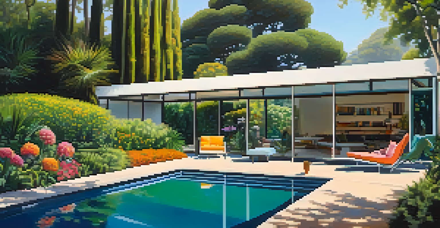 The Eames House surrounded by greenery and flowers, with the ocean in the background, illuminated by warm afternoon light.