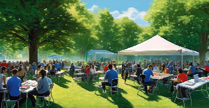 A diverse group of people participating in a community emergency preparedness training session in a sunny park, surrounded by emergency kits and technology.