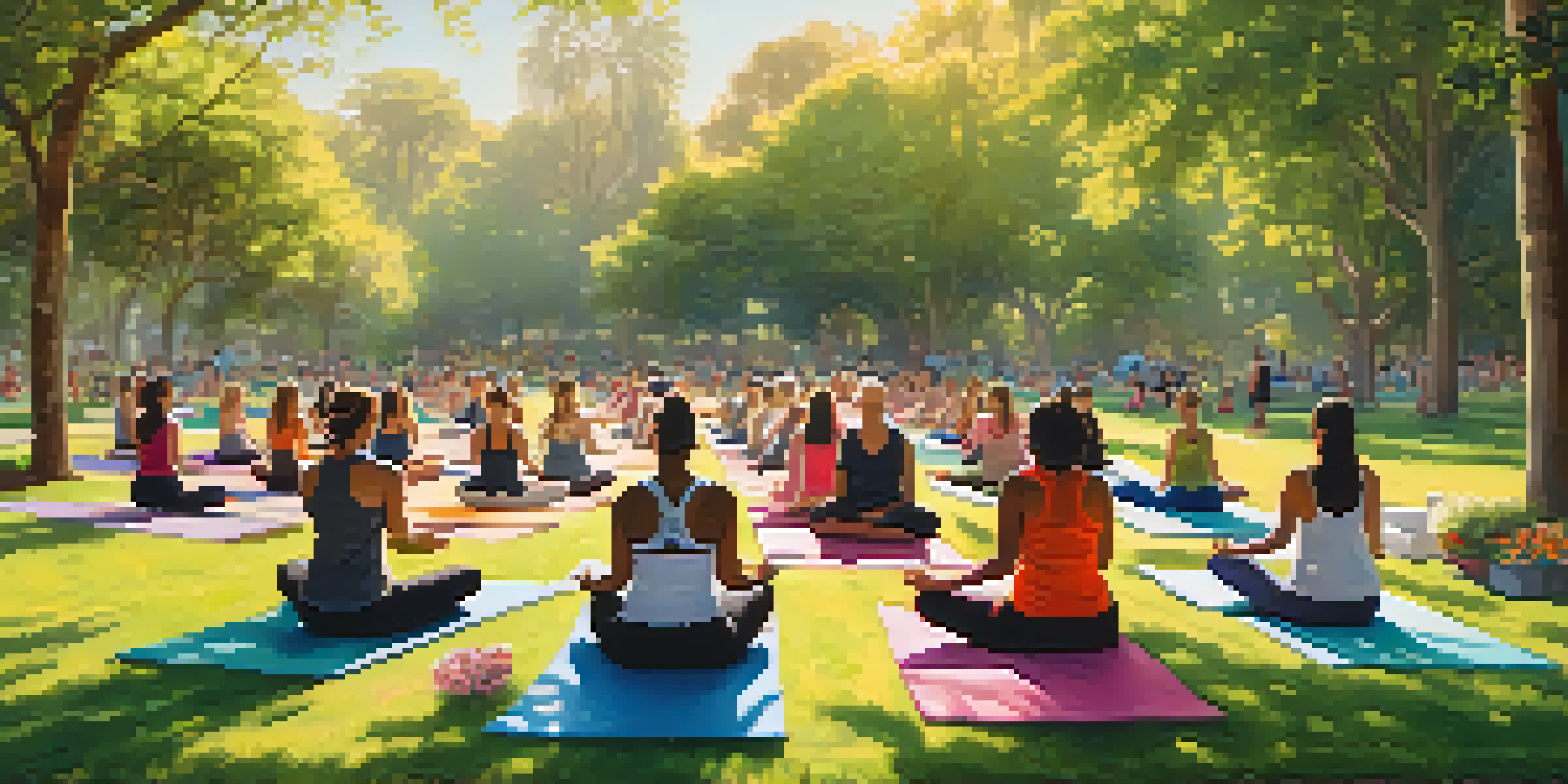 A diverse group practicing yoga outdoors in a sunny park, surrounded by greenery and flowers.