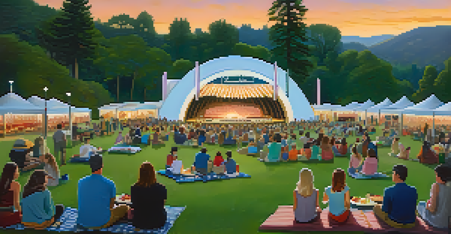 Summer evening picnic scene at the Hollywood Bowl, with families enjoying food and the audience awaiting a concert in the background.