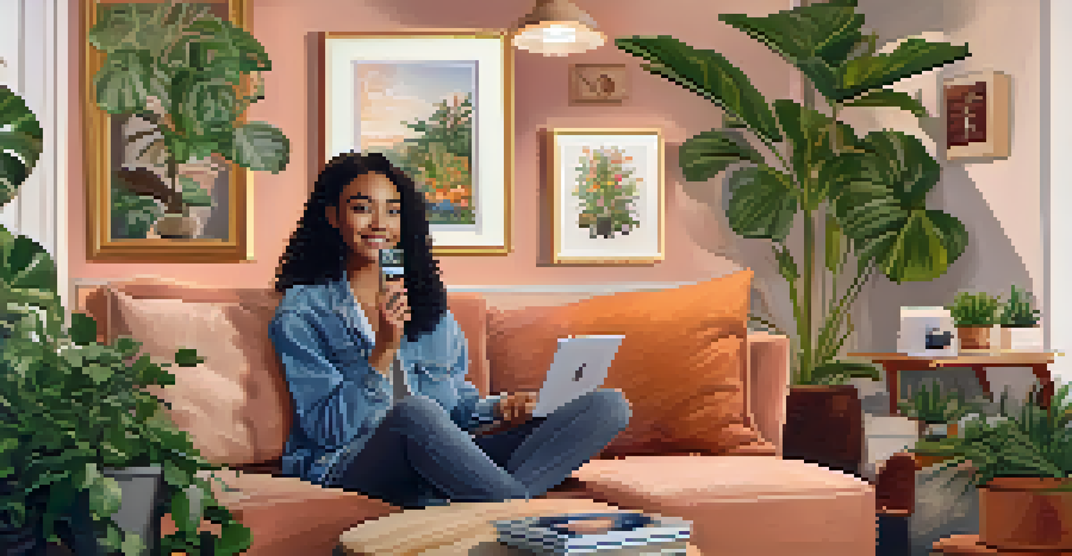 An influencer livestreaming a discussion about a charitable cause in a cozy living room filled with plants.