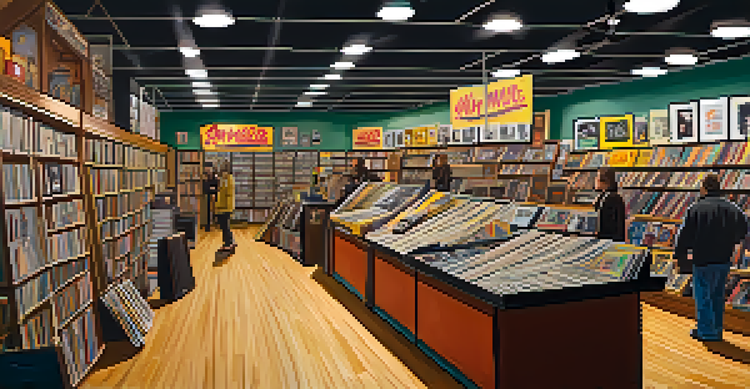 The interior of Amoeba Music record store, bustling with vinyl records, memorabilia, and patrons enjoying a live performance.