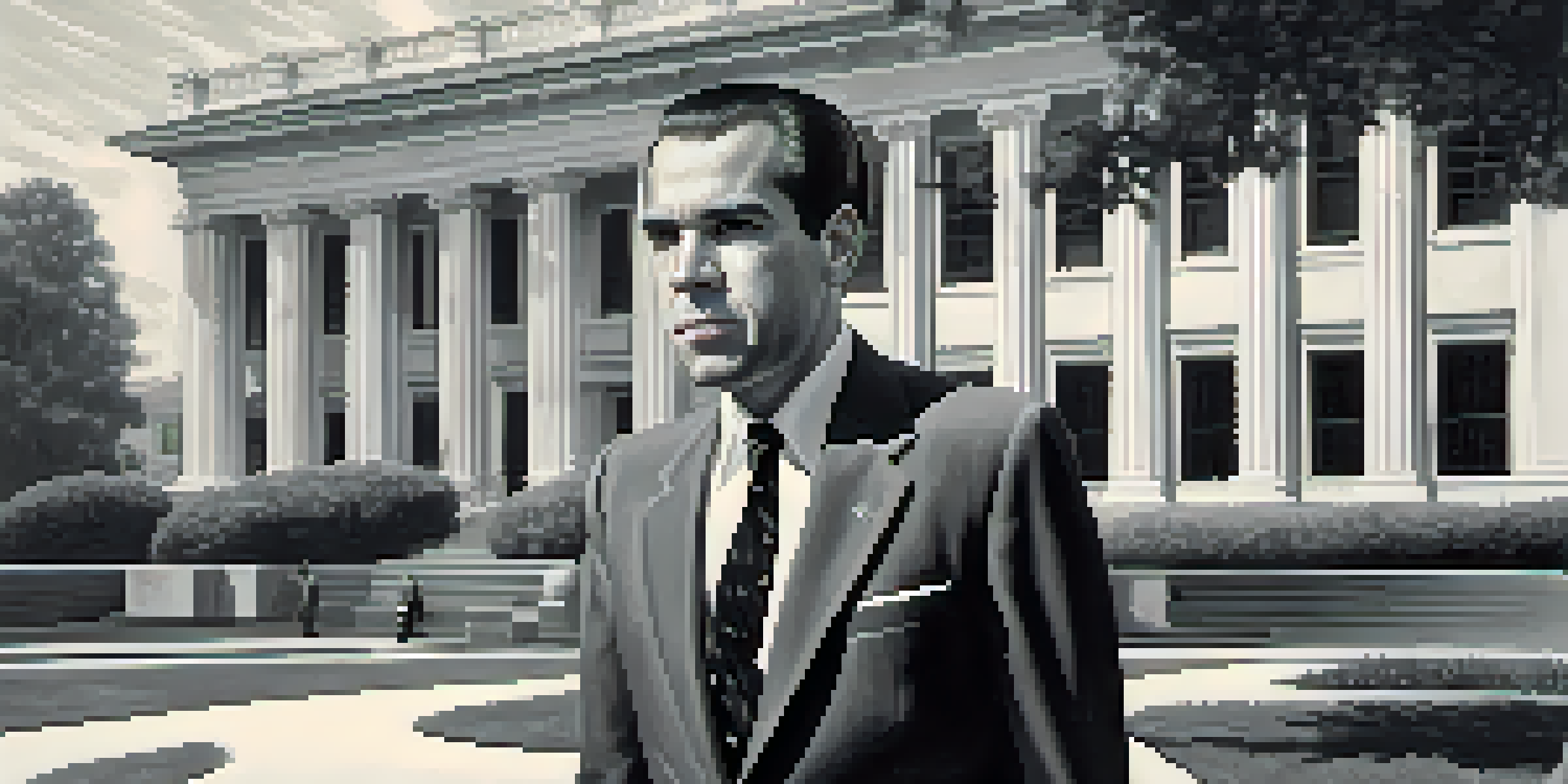 A young Richard Nixon in a suit holding books outside a college building, surrounded by trees and students, in a black-and-white style.