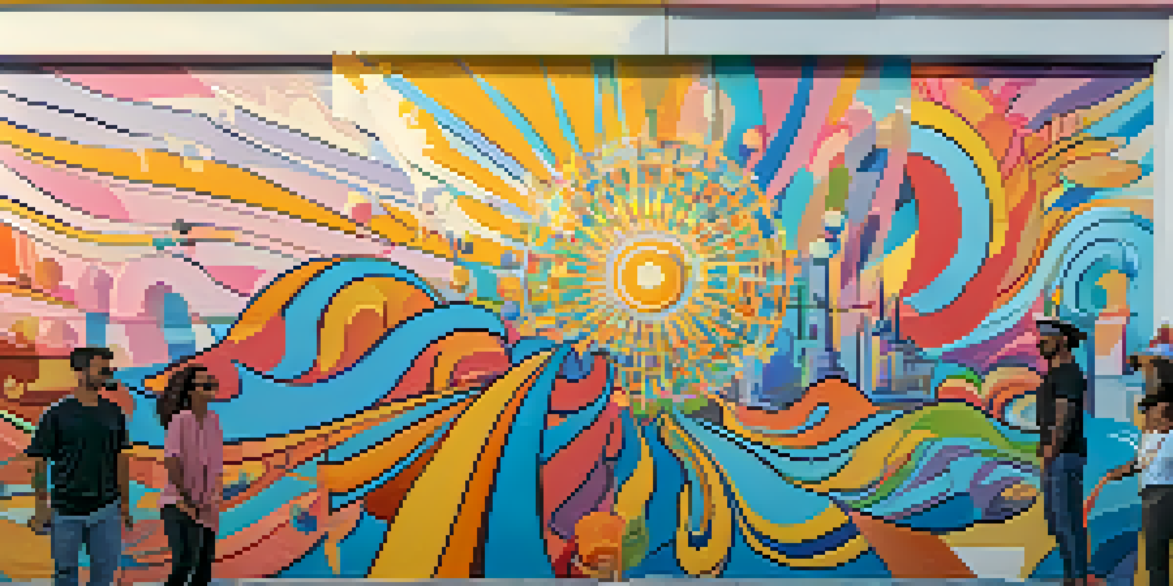 A lively street scene in Wynwood with a colorful mural and people admiring the artwork.