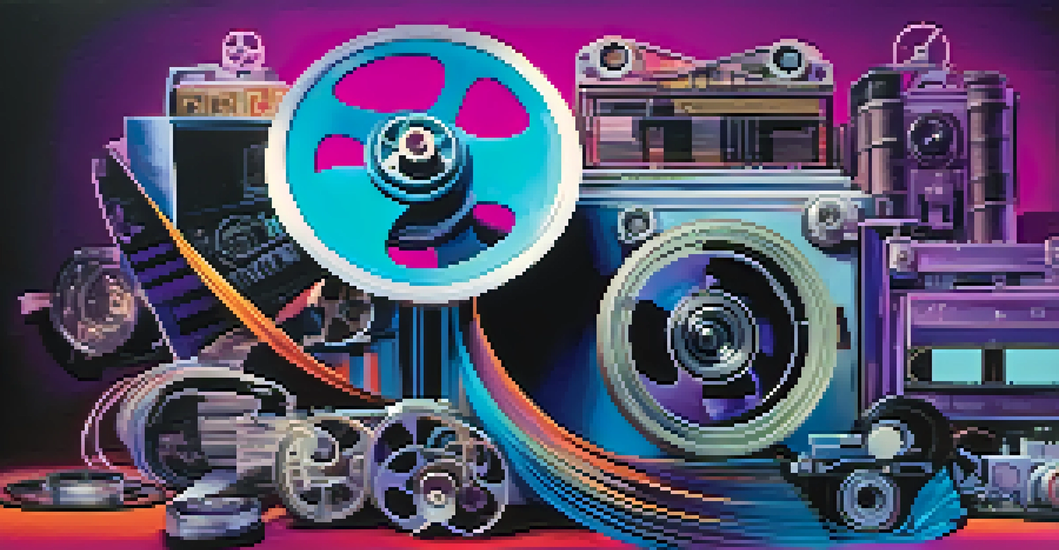 A vibrant collage of film technology evolution with vintage film reels and modern cameras.